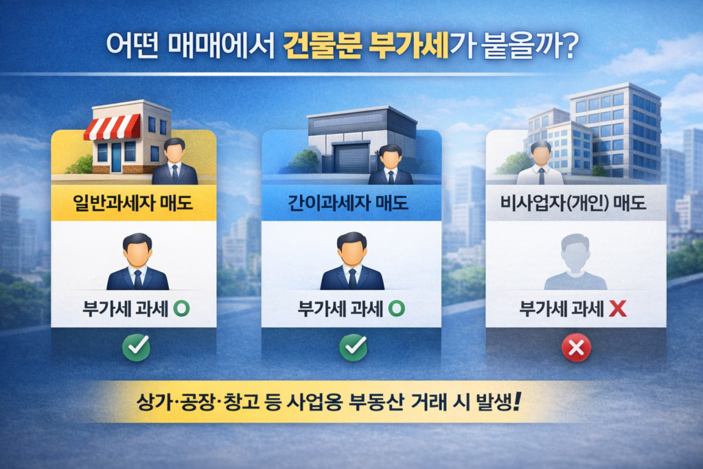 부동산 매매 시 건물분 부가세 계산 구조를 설명한 썸네일, 상가 매매 부가세와 계약 전 확인해야 할 핵심 포인트를 시각적으로 표현
