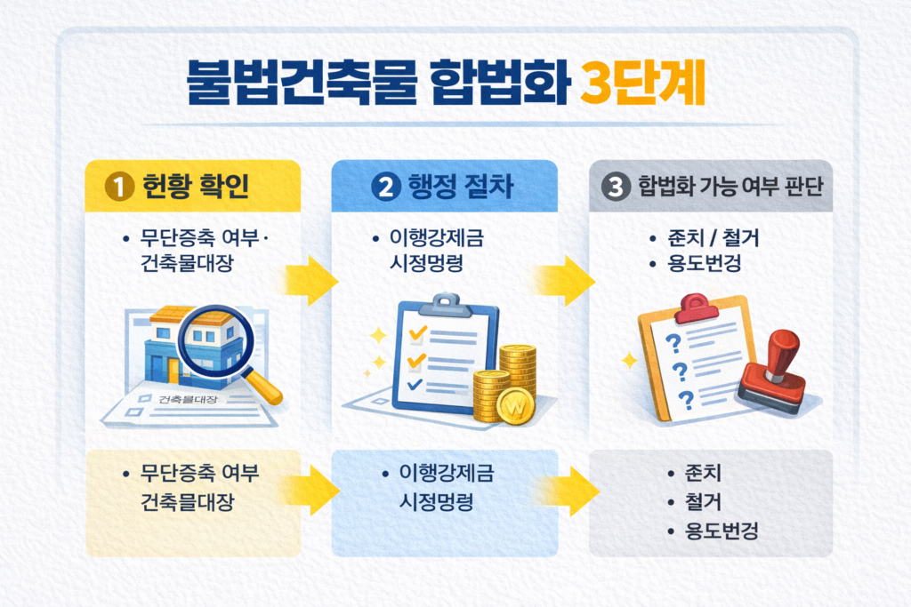 무단증축·불법건축물 합법화 방법을 3단계로 정리한 이미지, 건축물대장 확인과 이행강제금 절차, 존치·철거 판단 흐름 요약