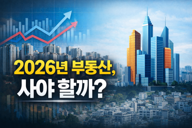 2026년 부동산 시장 판단을 주제로 한 썸네일, 도심 아파트와 고층 빌딩 이미지 위에 ‘2026년 부동산, 사야 할까?’라는 문구가 표시된 이미지