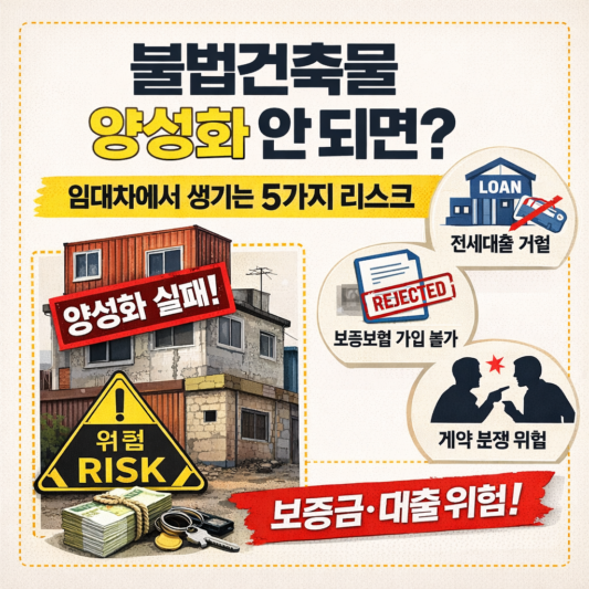 불법건축물 양성화가 되지 않을 때 임대차에서 발생하는 전세·월세 리스크를 설명한 대표 이미지