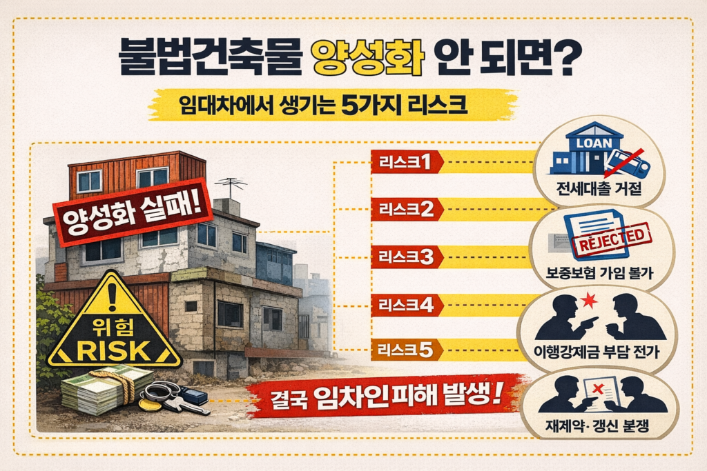 불법건축물로 인해 전세대출, 보증보험, 계약 분쟁이 발생하는 구조를 정리한 인포그래픽