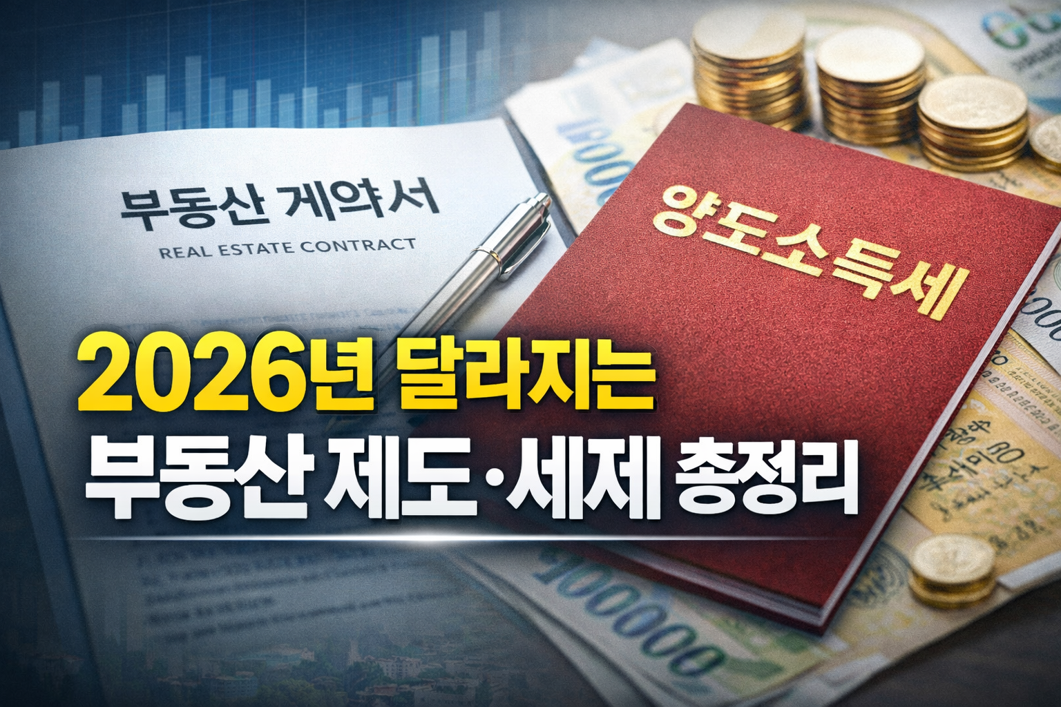 2026년 달라지는 부동산 제도와 세제를 주제로 한 대표 썸네일, 부동산 계약서와 양도소득세 책자, 현금 이미지로 거래 관리 강화와 세금 구조 변화를 상징적으로 표현한 이미지