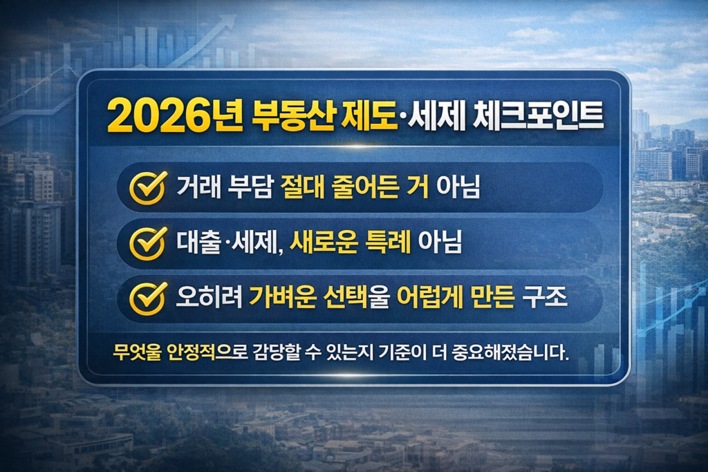 2026년 부동산 제도와 세제 변화 핵심을 정리한 인포그래픽 이미지, 거래 관리 강화와 세금·대출 구조 변화가 아이콘과 그래프로 표현된 이미지